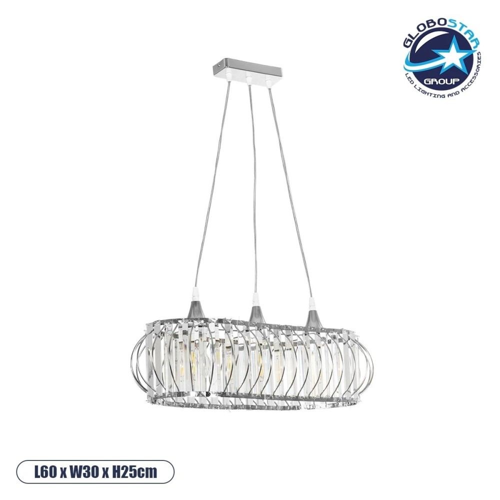 GLOBOSTAR® RAZIA 201-0101 Vintage Κρεμαστό Φωτιστικό Οροφής με Ντουί 3 x E27 AC 220-240V IP20 - Ασημί & Διάφανο - Μ60 x Π30 x Υ25cm